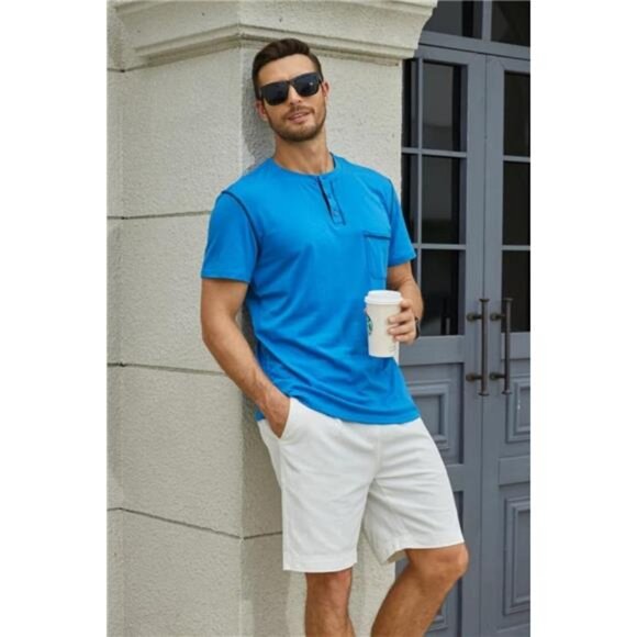Men's Blue Shirt Classic Short/Long Sleeve Lightweight Button Cotton T-shirts - Picture 5 of 7